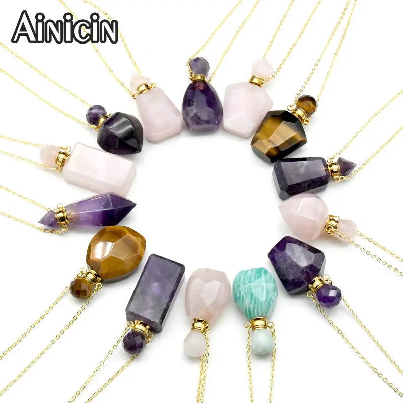 Diverse Natural Gemstone Perfume Bottle Pendant Necklace Amazonite Amethsyt Tigereyes Rose Quartz Stone Pendents 3pcs/lot