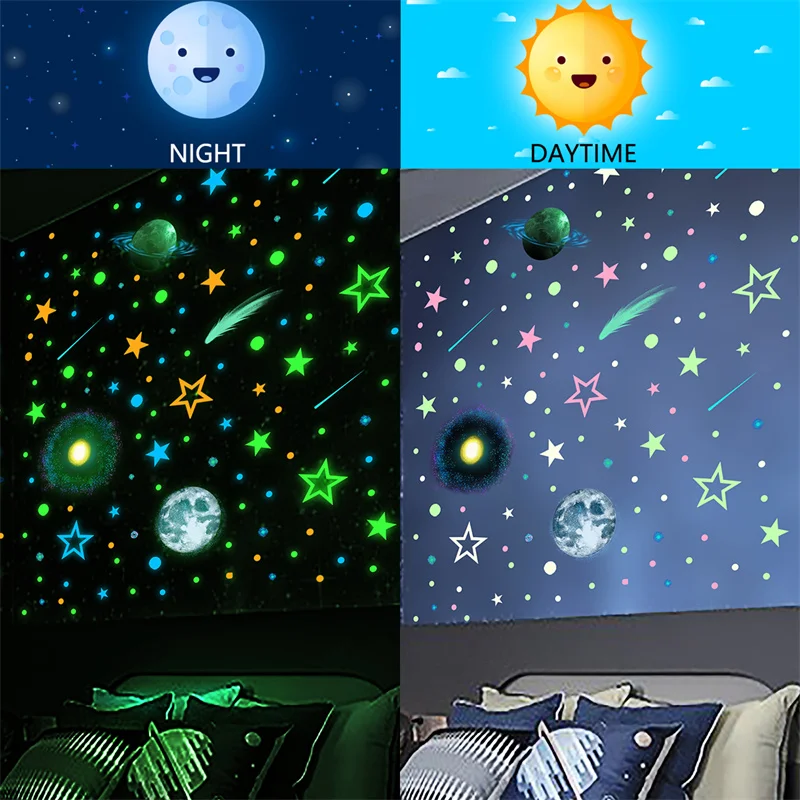 Glow in The Dark Planets Wall Stickers Kids Bedroom Decor Luminous Stars Decals Phosphorescent Mural Room Aesthetic Decoration