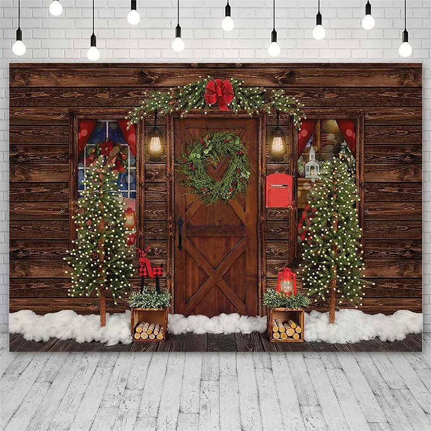 Avezano Photo Backdrop Winter Merry Christmas Tree Mistletoe Wreath Light Bow Decoration Kid Photography Background Photo Studio