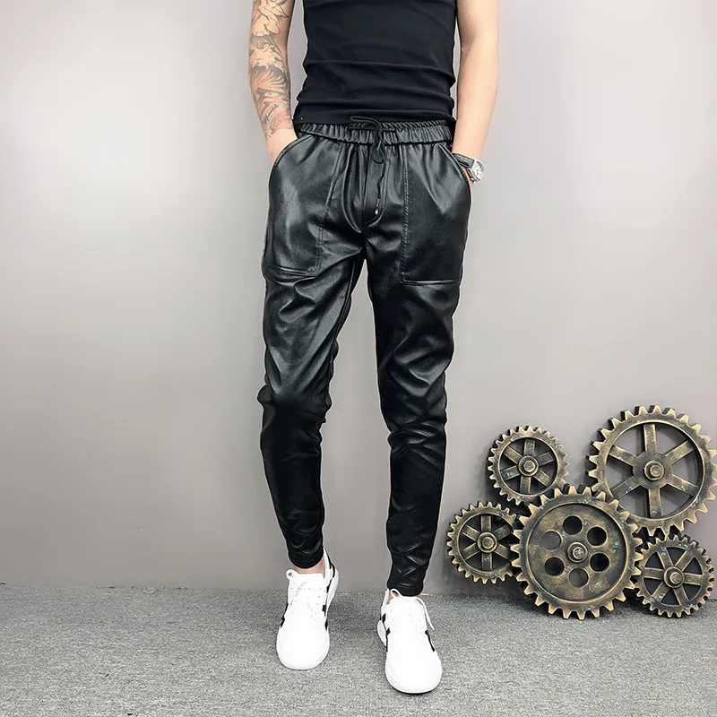 Idopy New Arrival Autumn Winter Mens Korean Hip Hop Faux Leather Harem Pants Drawstring Elastic Waist PU Leather Joggers