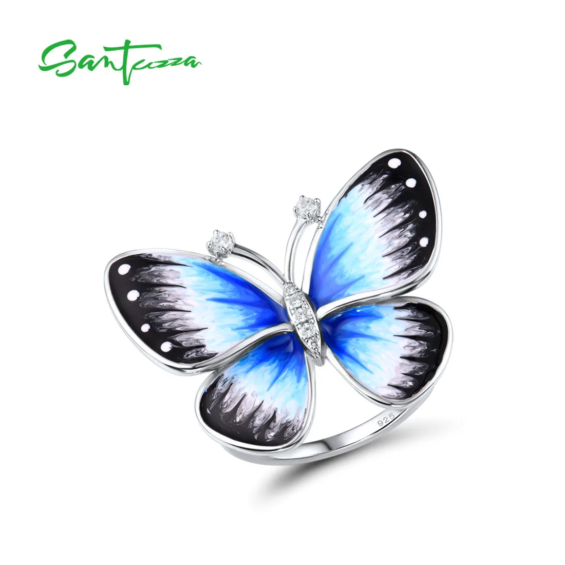 

SANTUZZA Genuine 925 Sterling Silver Rings For Women White CZ Black Blue Enamel Butterfly Ring Exquisite Fine Jewelry Handmade