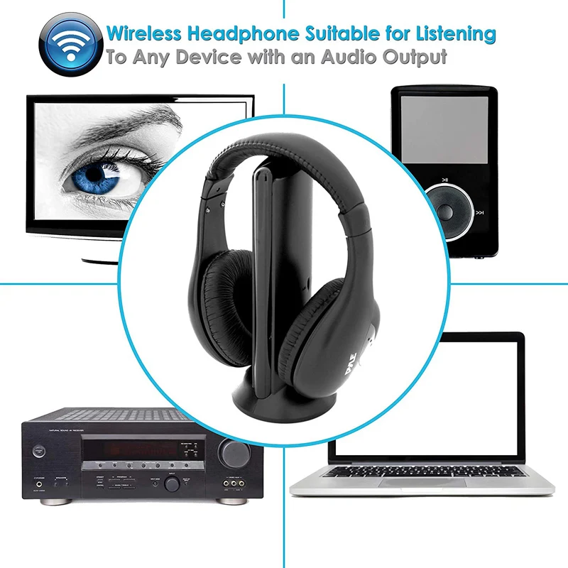 Sem fio Headset de som de alta fidelidade, rádio RF Mic, fone de ouvido sem fio, MP3, MP4, PC, TV, DVD, CD, 5 em 1