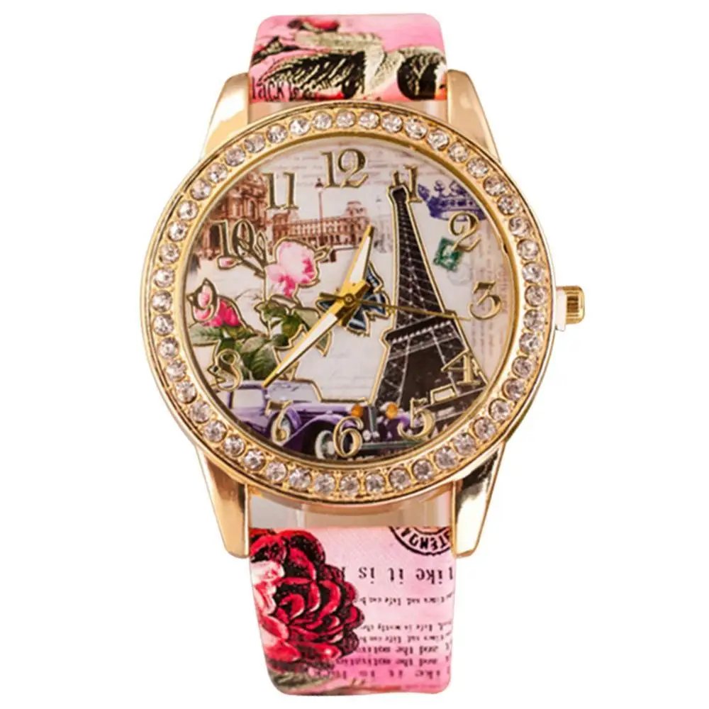 2021 New Retro Vintage Elegant Women Rhinestone Inlaid Flower Round Dial Faux Leather Band Quartz Wrist Watch for Dating Gift