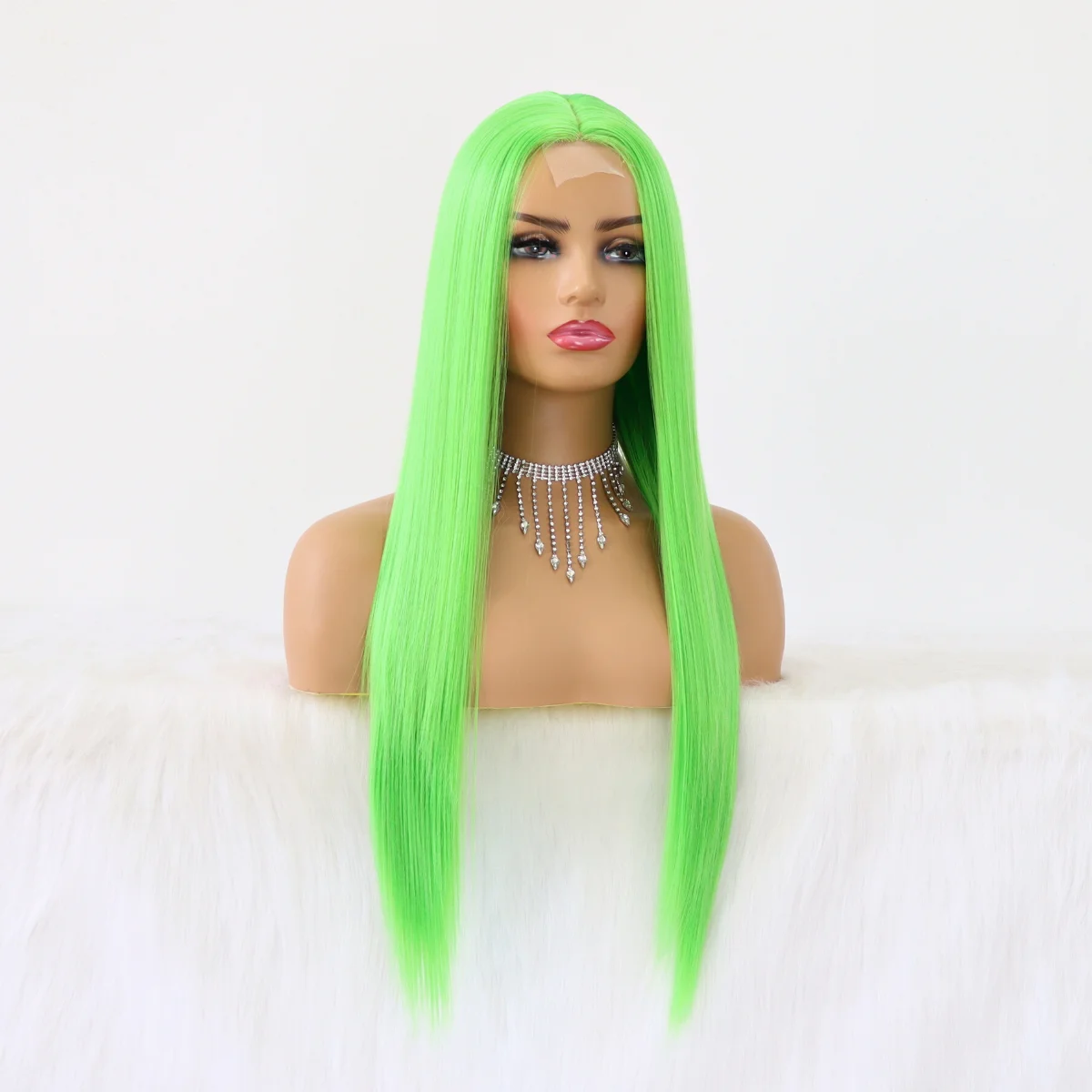 Synthetic Lace Wigs with Natural Hairline Long Straight Hair Lime Green Color Wigs for Fashion Women