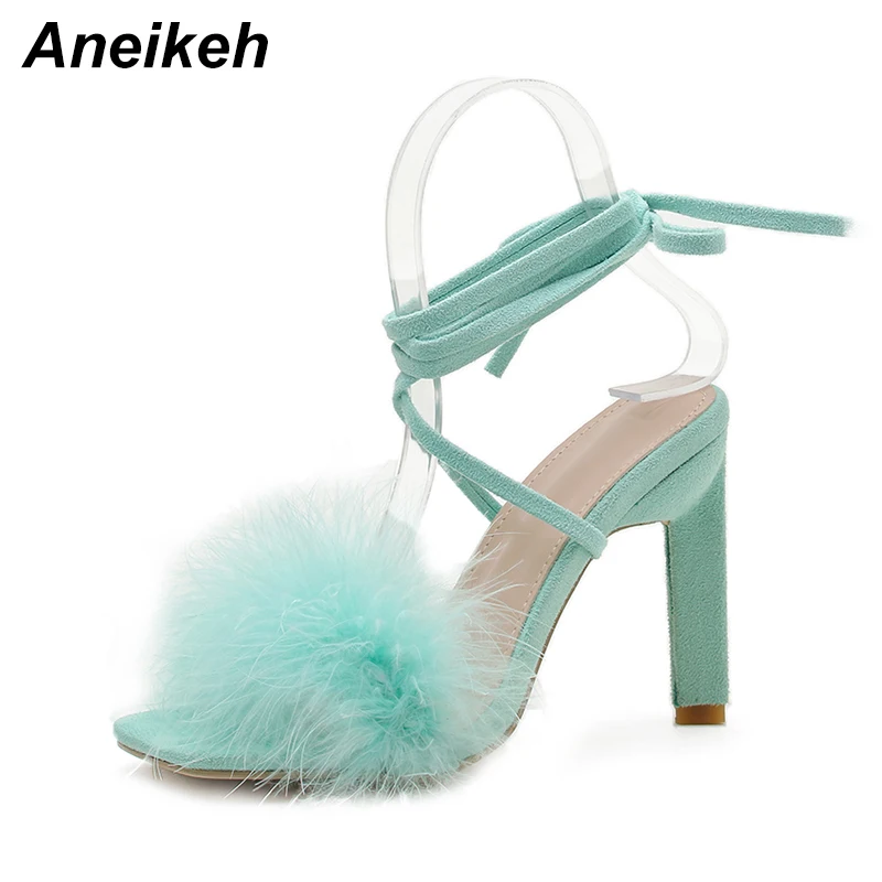 Aneikeh NEW Summer Rome Fashion Furry Cross-Tied Women Pumps 2024 Sexy 11CM Thin High Heel Lace-up Dress Party Ladies Sandals