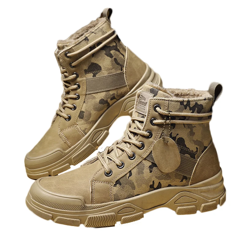Men's Plus Velvet Snow Boots Camouflage Color Tooling Boots Autumn And Winter High-top Shoes