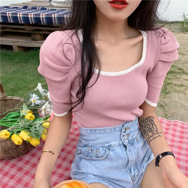 Women Short Puff Sleeve Tee Shirts Lady Fashion Patched Square Collar Knit Stretchy Chic Crop Tops T-shirts For Girls Summer