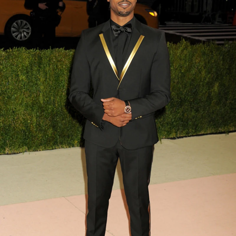 

2 Piece Prom Men Suits with Gold Pattern Black Wedding Tuxedo Notched Lapel Male Fashion Costume Jacket Pants African Clothes