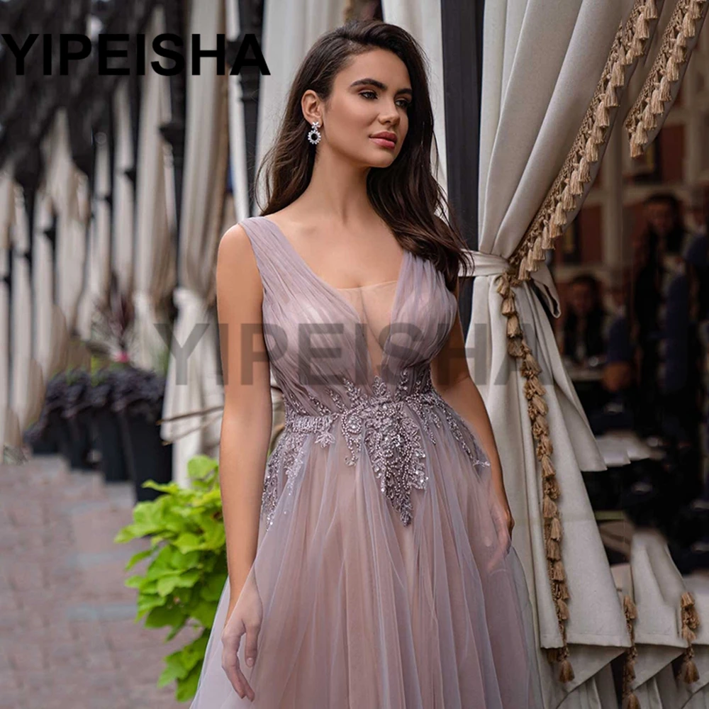 Gaun Malam Berpayet Applique Renda Tanpa Lengan Kerah V Rendah Gaun Pesta Prom Organza A-Line Vestido De VA Noiплате