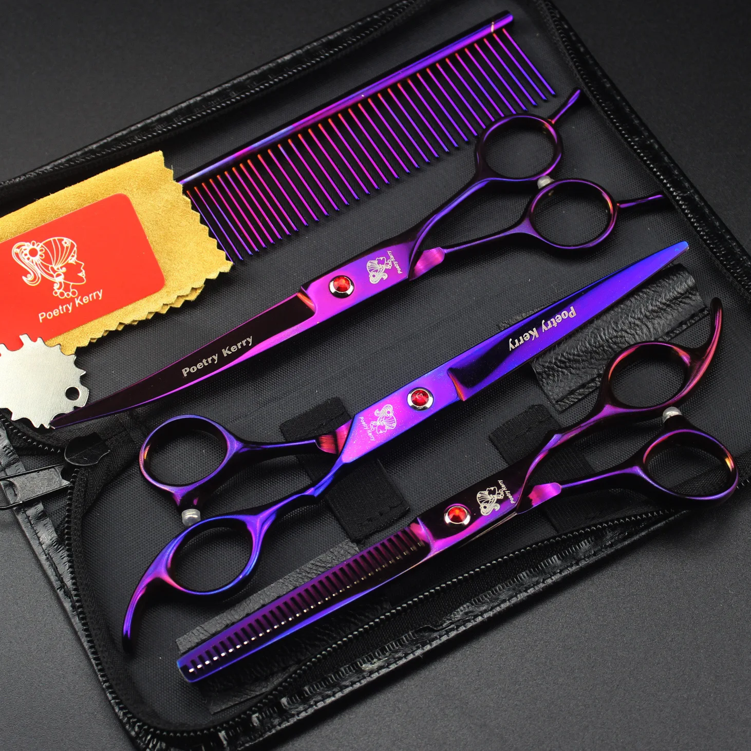 4 pieces of 7.0-inch affordable electroplated purple dense teeth teeth pet grooming scissors  curved dog grooming scissors