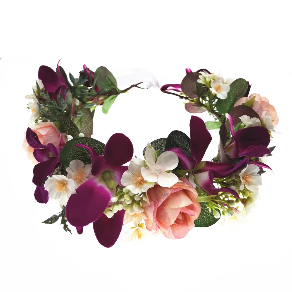 Wholesales Orchid & Rose Flowers Crown Headbands Women Hair Accessories Wedding Headwear Hat Decoration Floral Garlands