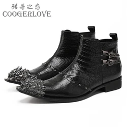 Autumn Party Men's boots Lron head Tip Rivet Metal buckle Cowhide Gao Bang Luxury Leather boots Social contact Wedding shoes