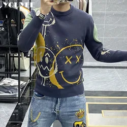 Men's Sweater Smiling Face Printing Youth Round Neck Thickened Warm 2021 Autumn Winter New Korean Men Clothing Blue Pullovers