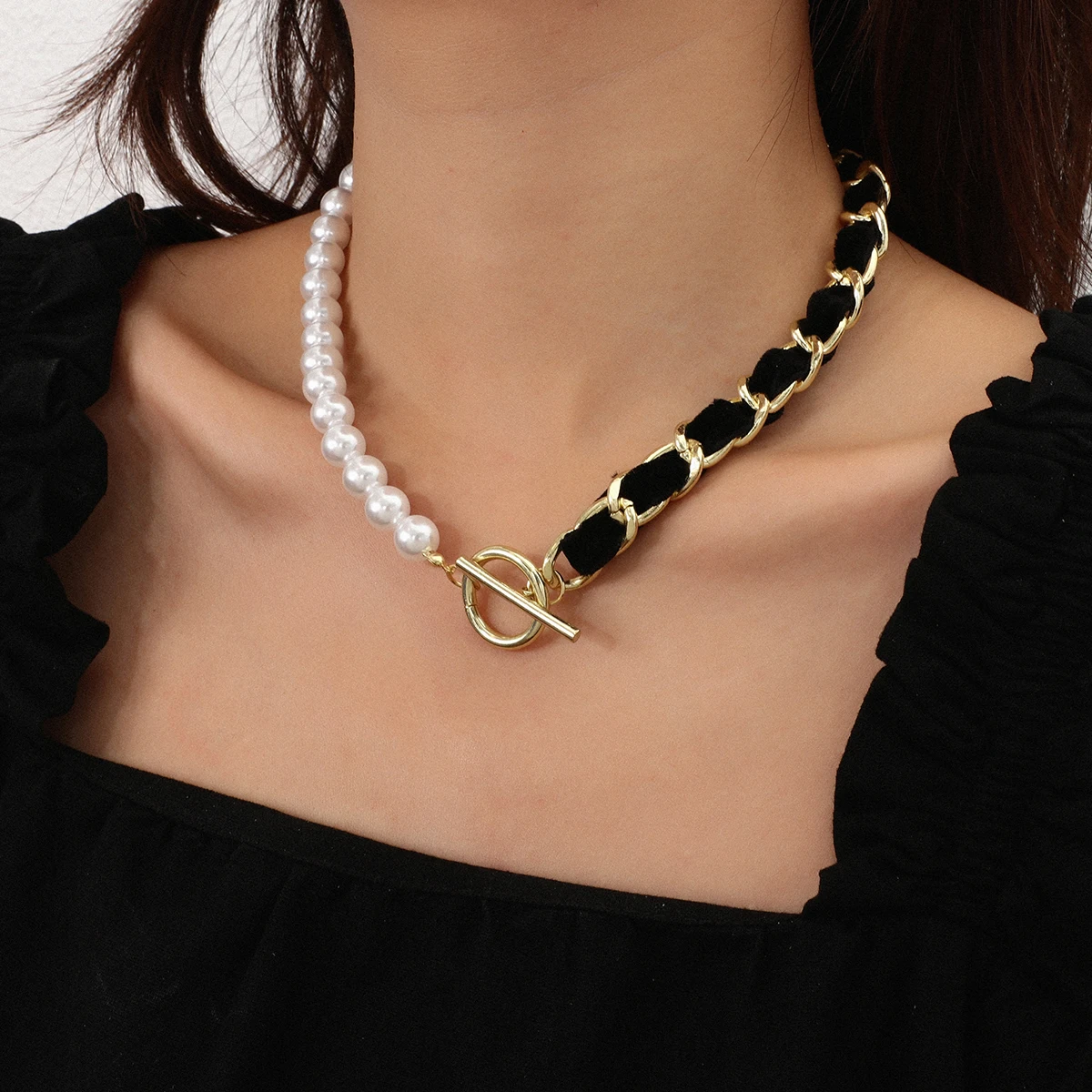 Flashbuy Vintage Imitation Pearl Splicing Fabric Ribbon Metal Chain Choker Necklace for Women Girls Trend Jewelry Collar Femme