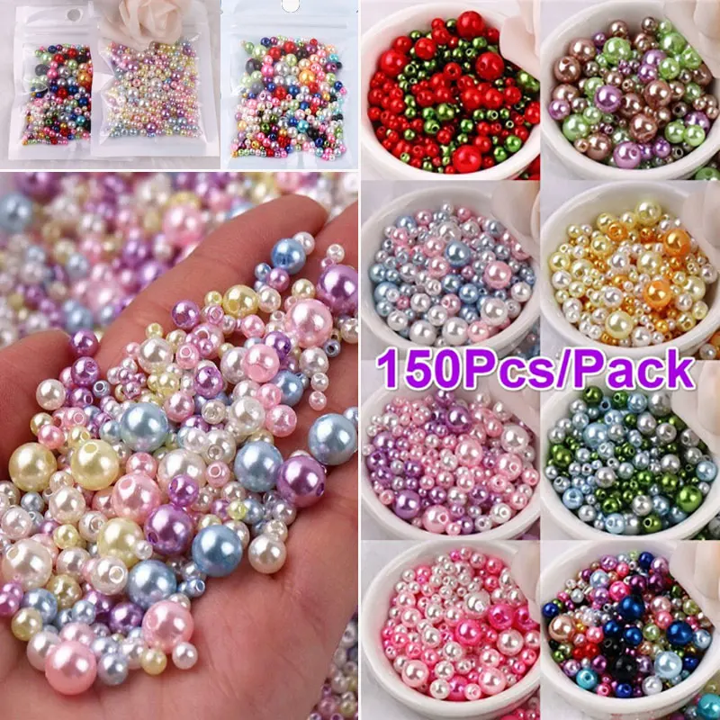 150 sztuk/paczka kolorowe sztuczne perły koraliki Mix rozmiar 3/4/5/6/8mm luzem Spacer okrągłe koraliki z otworem dla rzemiosła DIY tworzenia biżuterii