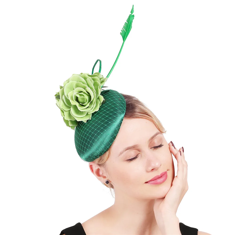 

Mesh Bride Rose Fascinators Wedding Women Chic Green Hats Gorgeous Ladies Vintage Hair Accessories With Fancy Feathers Headpiece