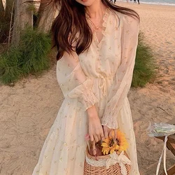 V-neck Elegant Sweet Dress Women Long Sleeve Chiffon Floral Dress Party Beach Dress for Females Korean Style 2021 Summer Chic