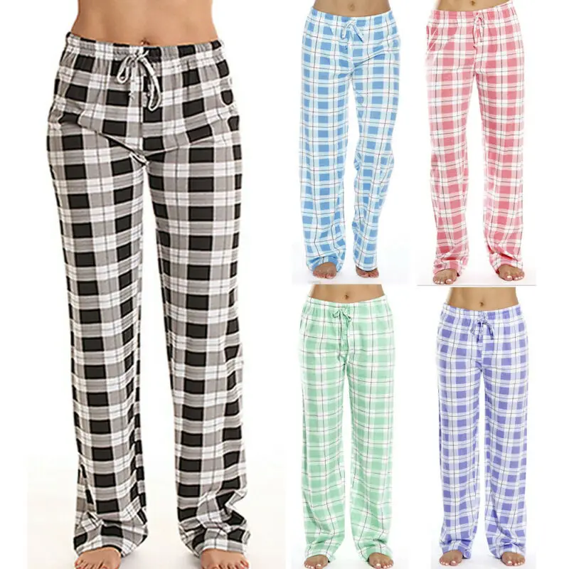 Casual Women Pants Check Tartan Cotton Blend Plaids Print Nightwear Pyjama Bottom Loose Lounge Pants