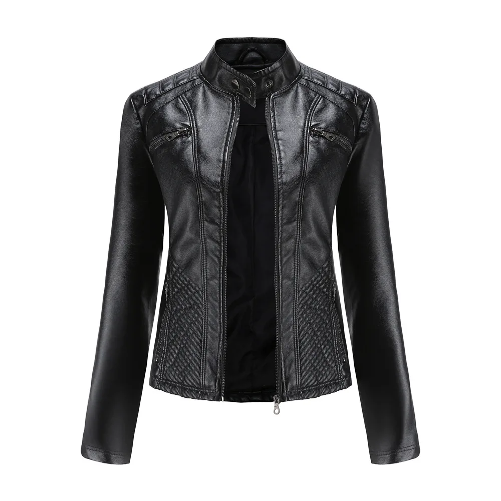 Spring New Casual Women Leather Jacket Stand Collar Slim Fit Short PU Leather Coat Solid Classic Female Outerwear image 3