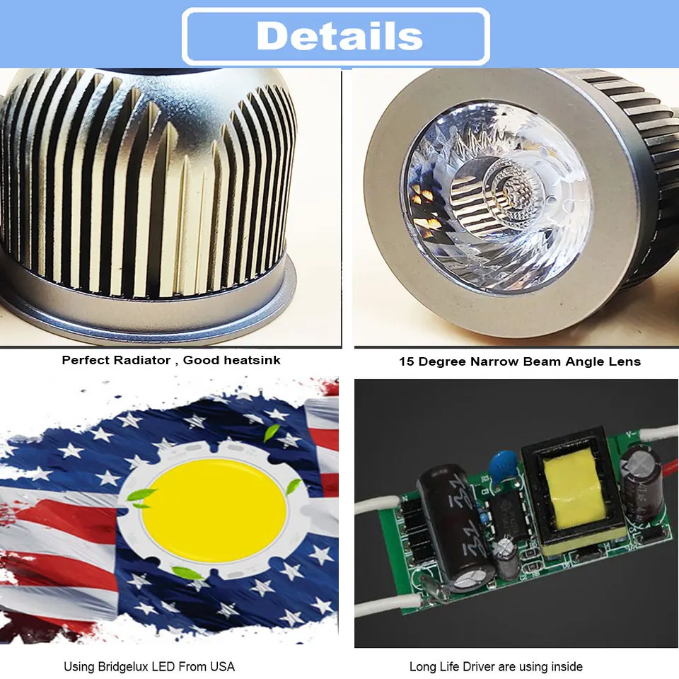 GD-bombilla de haz de 15 grados Gu10, 7W, 9W, 12W, 15W, Gu10, AC220V, E27, foco LED regulable, MR16, 12V, foco LED con aluminio puro
