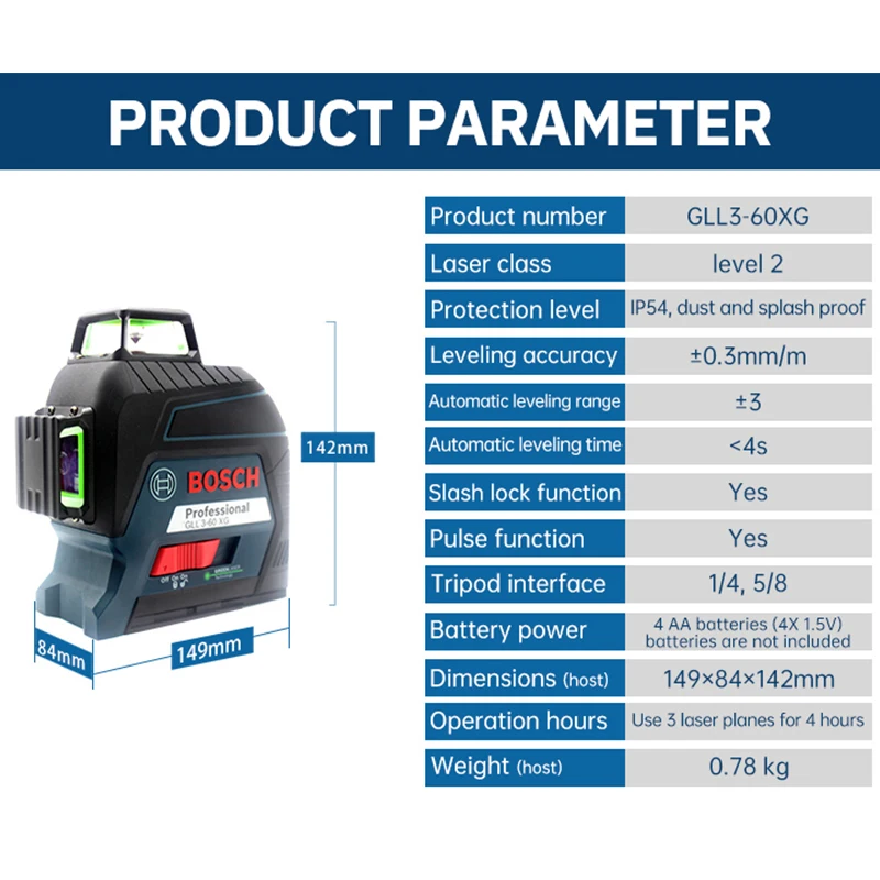 Bosch GLL3-60XG Laser Level 12 Lines Green Vertical And Horizontal Measuring Tool Projection Marking Line Indoor Outdoor Level