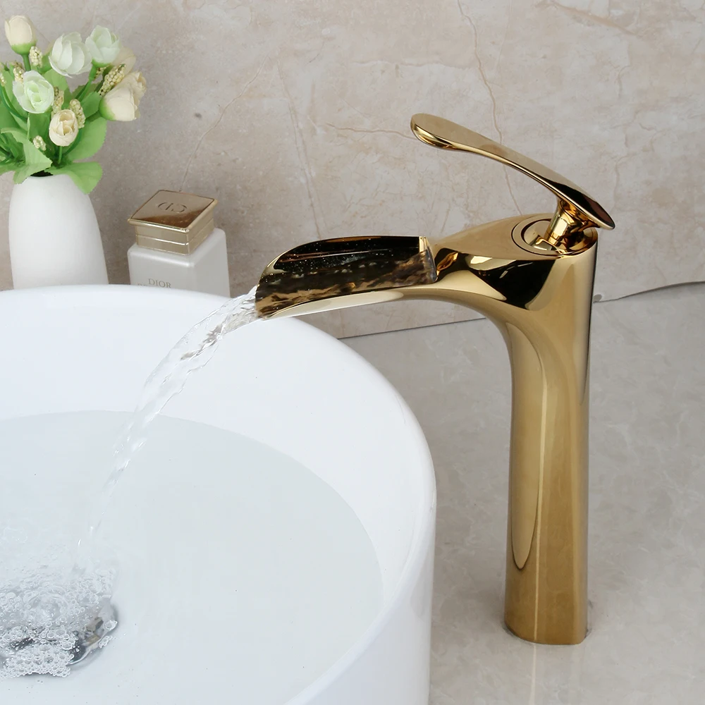 KEMAIDI Gold Plated Long Faucet Golden Polished Stream Spout Basin Faucet Solid Brass Sink Faucet Deck Mount Water Mixer Tap