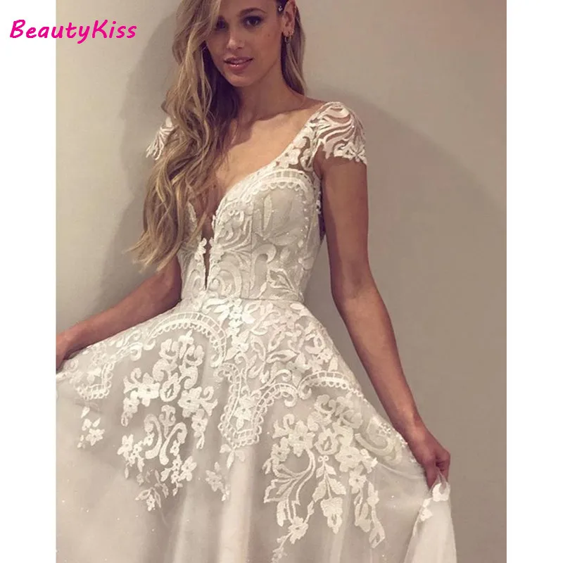 Robe De mariée Sexy en Tulle perlée, dos nu, décolleté plongeant en v, avec des Appliques