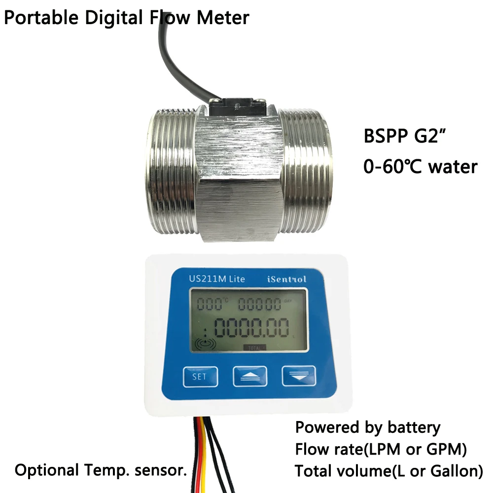 

US211M Lite Portable Digital Flowmeter and Turbine Water Flow Sense BSPP G2" SUS304 USS-HS20TA Cold Degree Sensor iSentrol