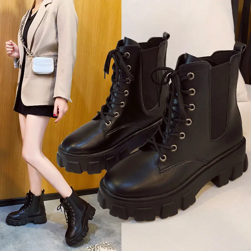 New Ankle Boots for Women Thick Bottom Round Toe Genuine Leather Boots Black White All-match Botas Feminina Platform Shoes