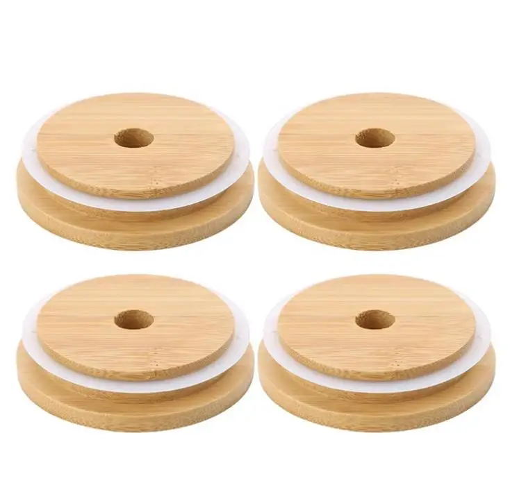 Bamboo Mason Jars Lids 70mm 88mm Wide Mouth Mason Jars with Drinking Straw Hole Mason Jars Lid