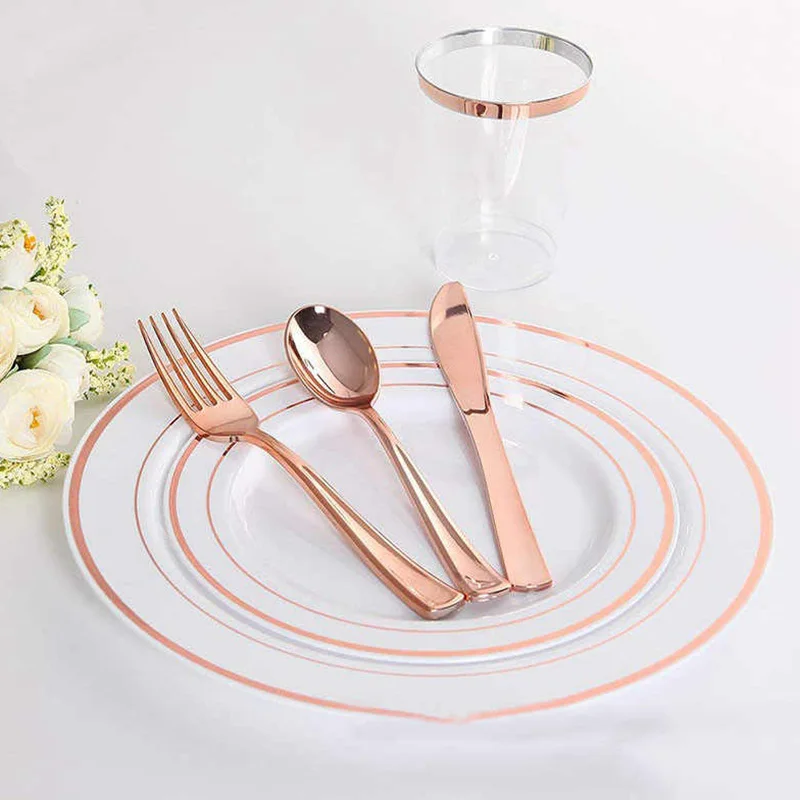 18Pcs Rose Gold Plastic Disposable Tableware Dessert Knives Forks Spoon Wedding Birthday Party Decoration Supplies Cutlery Set