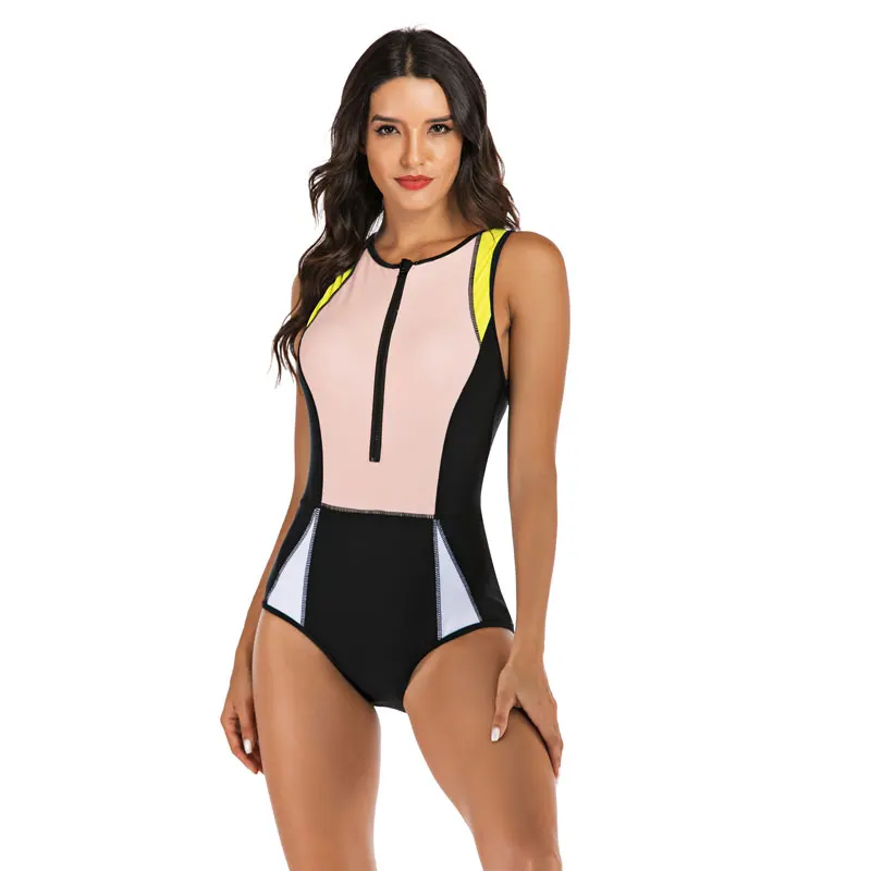 Women\'s UV Protection Surfing Swimsuit Swimwear Bathing Suits Wireless Zip up Front Color Block Rash Guards