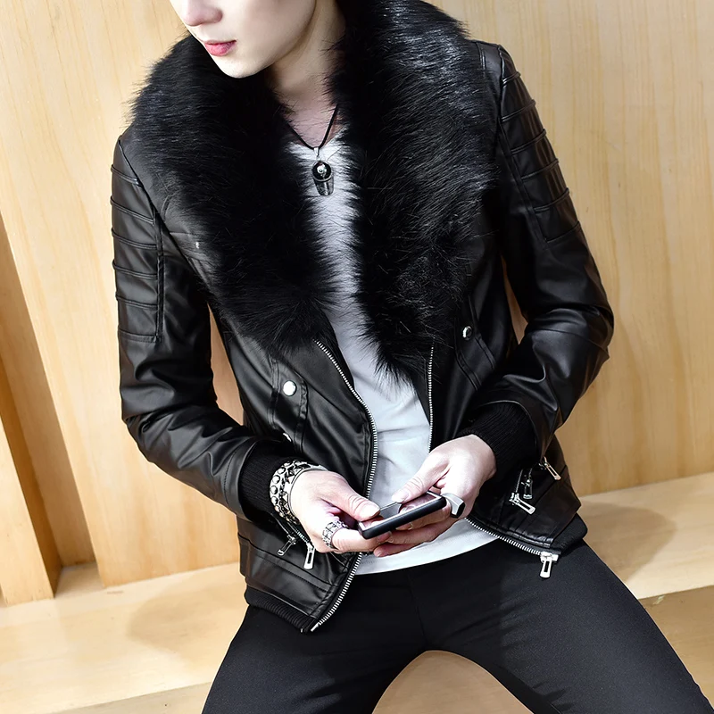 White Mens Fur Collar Leather Jackets Red Slim Fit Luxury Fashionable Faux Leather Coats Pu Bomber Jackets Stage Costumes Black