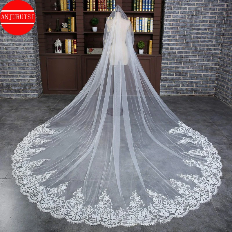 

Long Cathedral Velos De Novia Lace Edge Wedding Veil Accessories With Comb One Layer Bride Largos Mariage Welon Slubny 2022