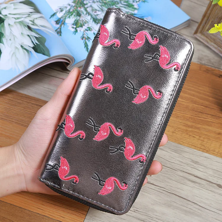 Long Purse Women Black Flamingo Embroidery Wallet Girl Solid Female Purses Coin Credit Card Holder Lady Clutch Bag