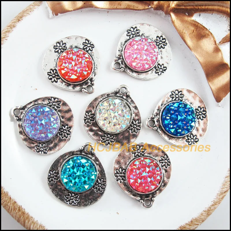 7 New Heart Charms Tibetan Silver Tone Retro Mixed Round Resin Pendants 20.5x22mm