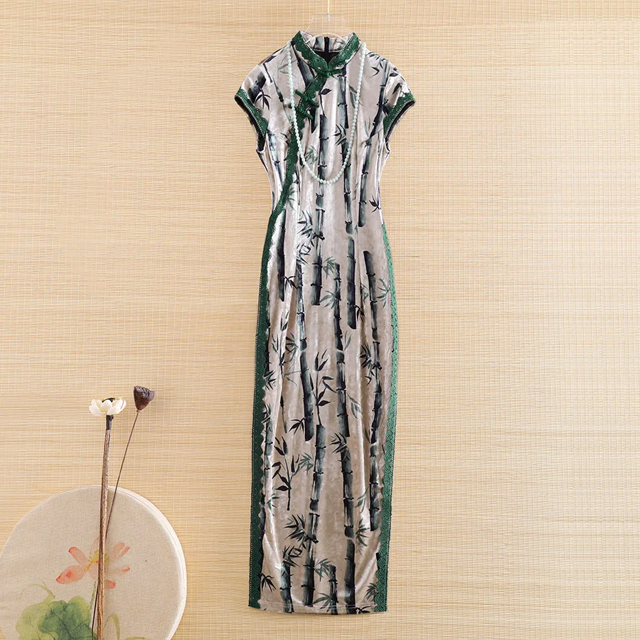 High-end Spring Summer Women Cheongsam Dress Retro Elegant Lady Bamboo Leaf Lnk Print Splice Lace Plus Size Qiapao Dress S-XXXL