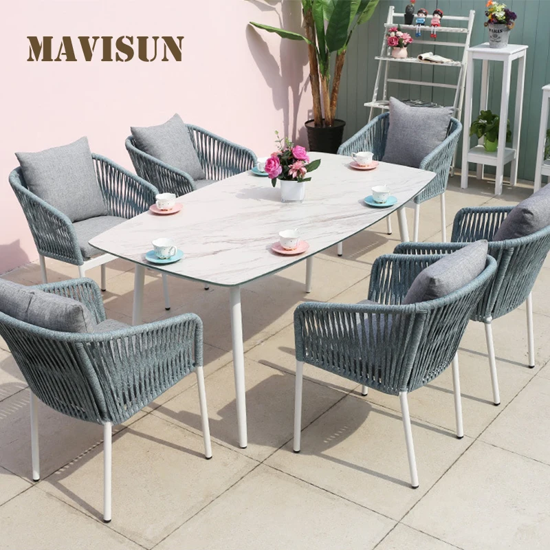 Modern Leisure Nordic Outdoor Dining Table Set For 4-6 People Patio Balcony Rattan Chair Hotel Northern Europe Furniture