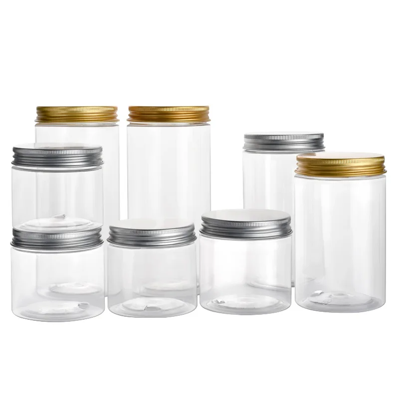 

100pcs 250g clear amber plastic jar with gold aluminum cap 8oz 250ml PET plastic cream jar with white black cap