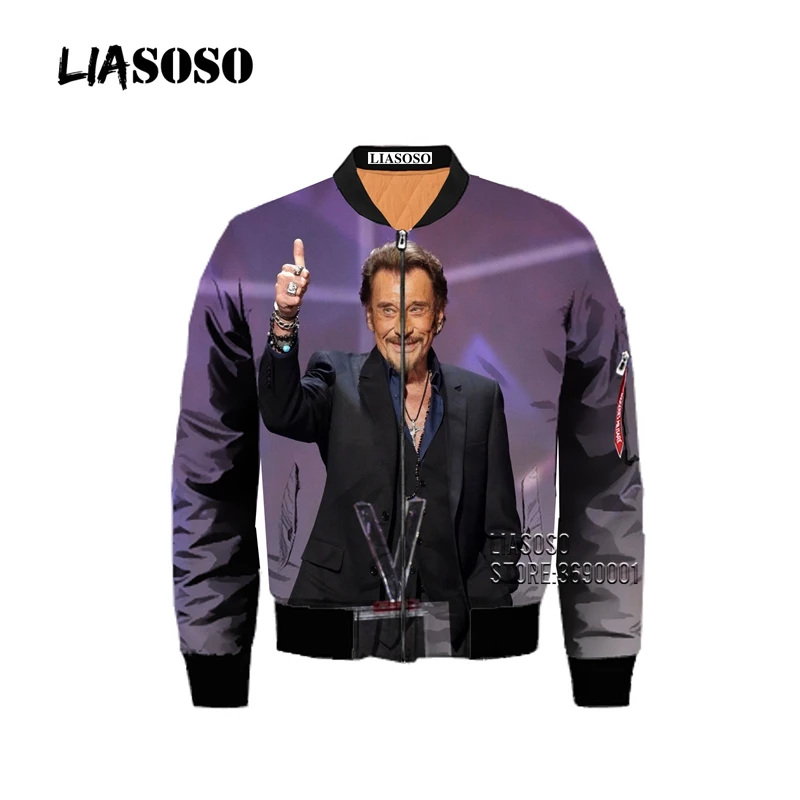 LIASOSO France Singer Johnny Hallyday 3D Print Men\'s Winter Thick Hip Pop Bomber Jacket Coat Punk Style Plus Size Flight Jacket