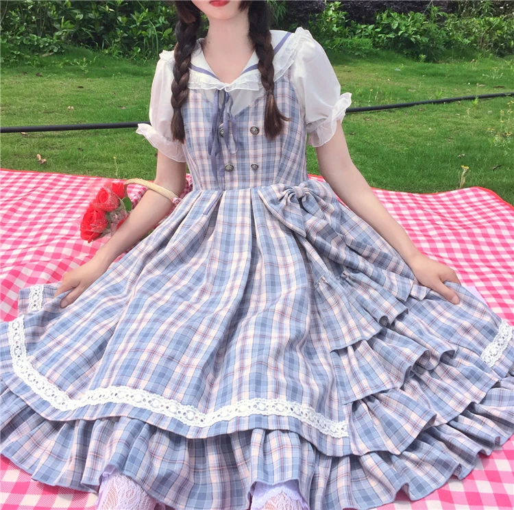 Sweet lolita dress vintage  bowknot plaid jk uniform high waist princess victorian dress kawaii girl gothic lolita cosplay loli