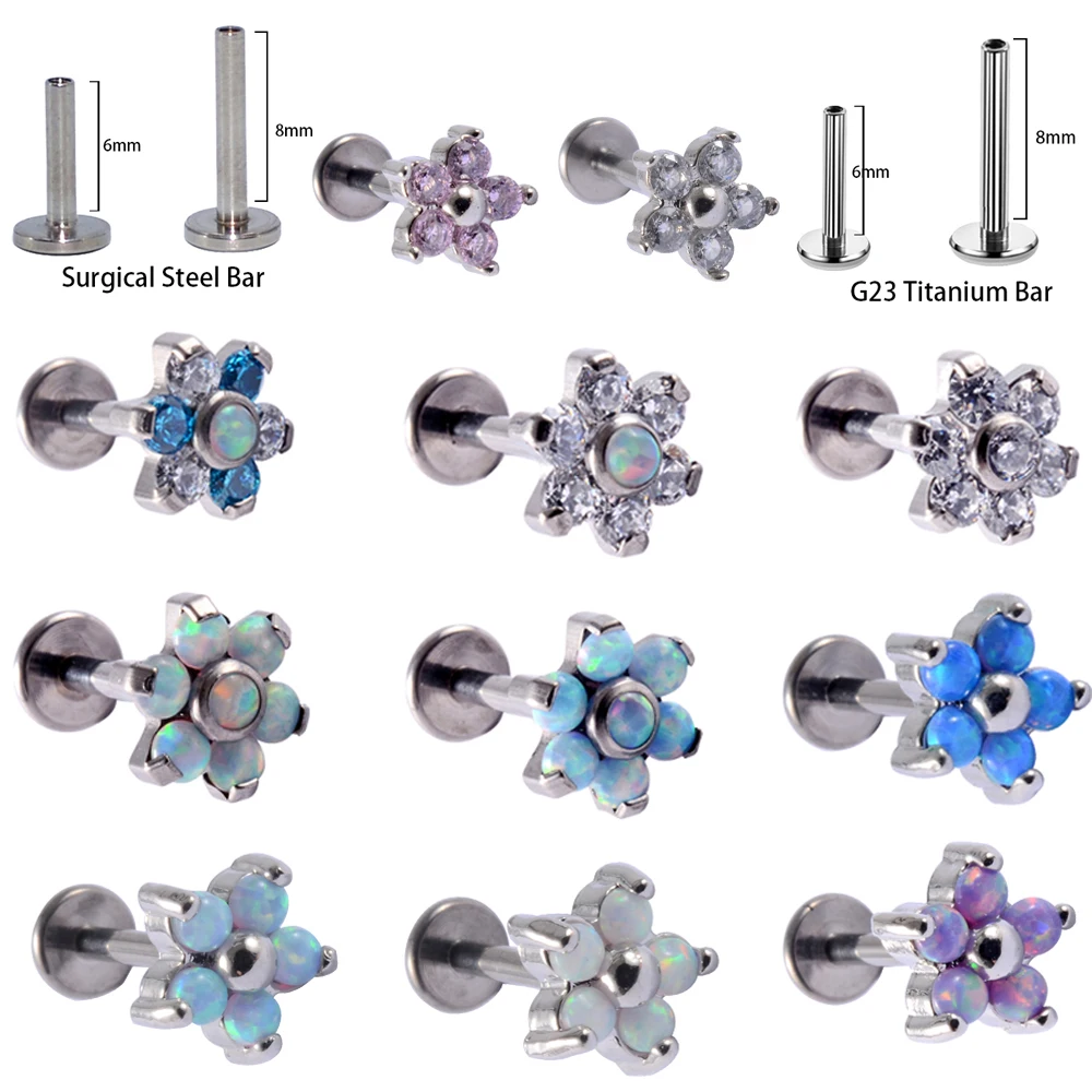 1PC G23 Titanium Steel Opal Gem Labret Lip Bar Ring Cubic Zircon Flower Ear Cartilage Tragus Stud Body Piercing Jewelry 16G