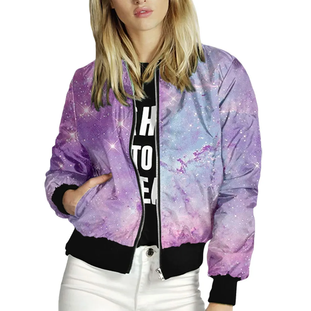 2021 Spring Autumn Sky Print Jackets Women Casual Zipper Bomber Jacket Long Sleeve Coat Female Fashion Classic Slim Outerwears