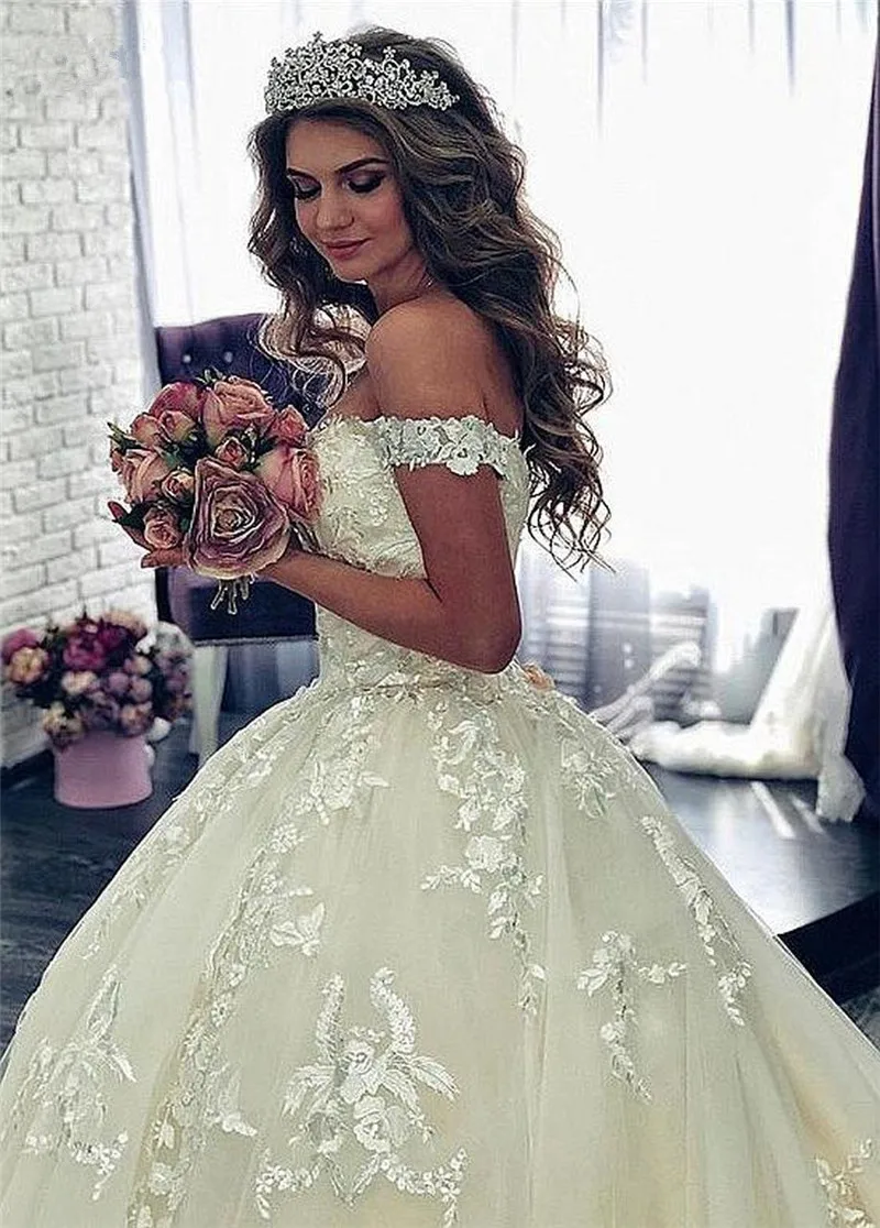 Vestido de novia de encaje sin hombros, de lujo, con apliques, para novia