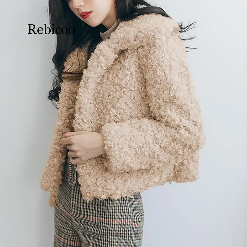 

Curly Lamb Faux Fur Jacket Coat Women Turn Down Collar Furry Fake Fur Jacket for Women Winter Warm Fluffy Jackets Outerwear