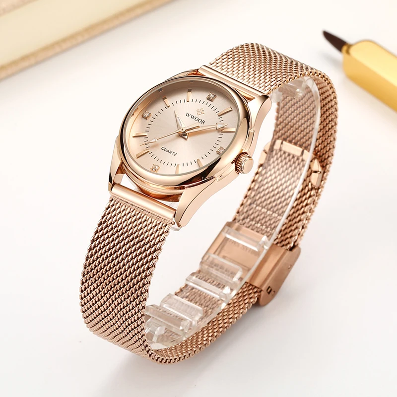 WWOOR-reloj de cuarzo con diamantes de lujo para mujer, pulsera pequeña de oro rosa, regalos, 2024