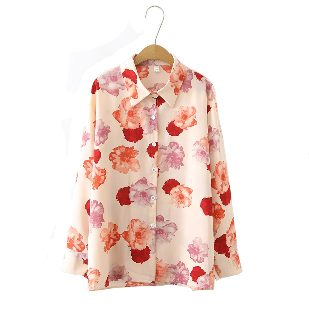 2021 Spring &Summer Woman Single Breasted Loose Flower Print Chiffon Long-Sleeved Shirt