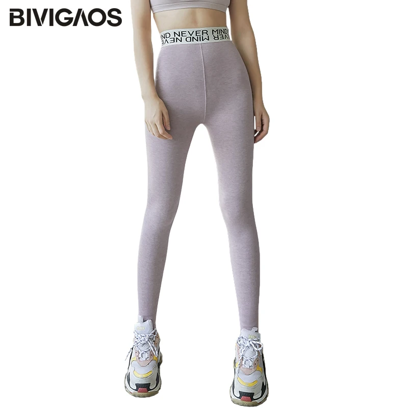 BIVIGAOS 2020 New Women Autumn Winter Cotton Velvet Leggings Cashmere Leggings Splicing Elastic Letter Waist Sport Warm Leggings