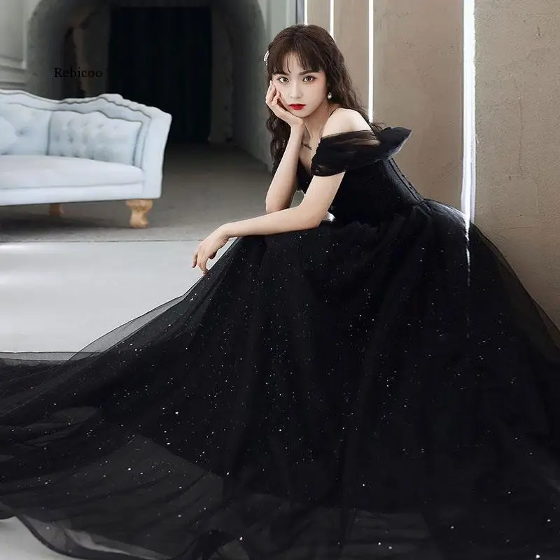 New Style Black Off The Shoulder Prom Party Evening Dresses Vestido De Noiva Simple Robe De Soiree