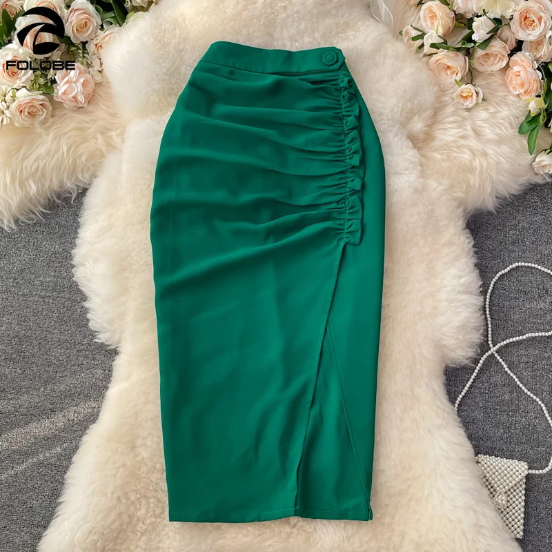 

FOLOBE Female Temperament Green Skirt Slim All Match Pleated High-waisted Pleated Ruffles A line Package Hip One Step Midi Skirt